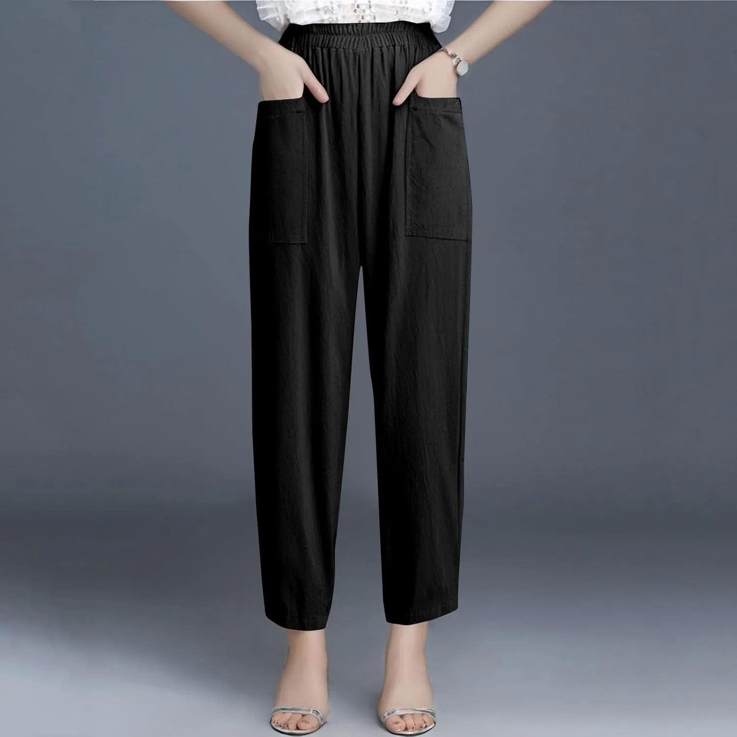 Linen Pants Women Elastic High Waisted Pull on Straight Leg Lounge Pants with Pockets Loose Fit Wide Leg Trouser