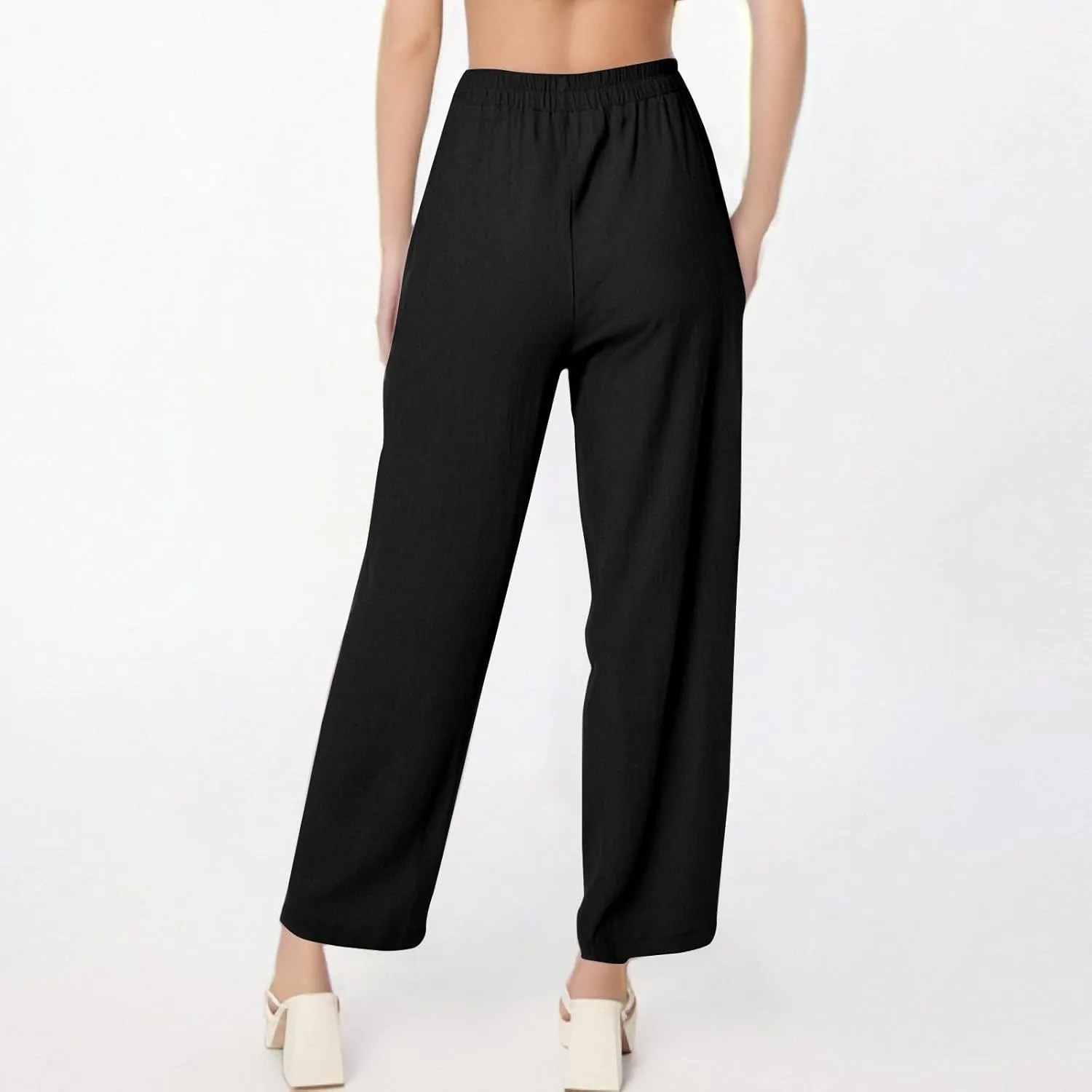 Linen Pants Women Elastic High Waisted Pull on Straight Leg Lounge Pants with Pockets Loose Fit Wide Leg Trouser