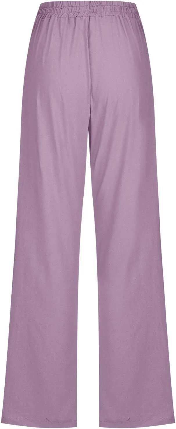 Linen Pants Women Summer,2025 Wide Leg Casual Cotton Linen Pants High Waisted Drawstring Lounge Pants Beach Trousers
