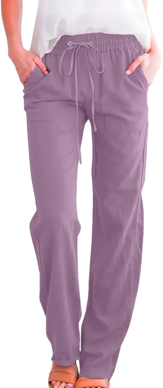 Linen Pants Women Summer,2025 Wide Leg Casual Cotton Linen Pants High Waisted Drawstring Lounge Pants Beach Trousers