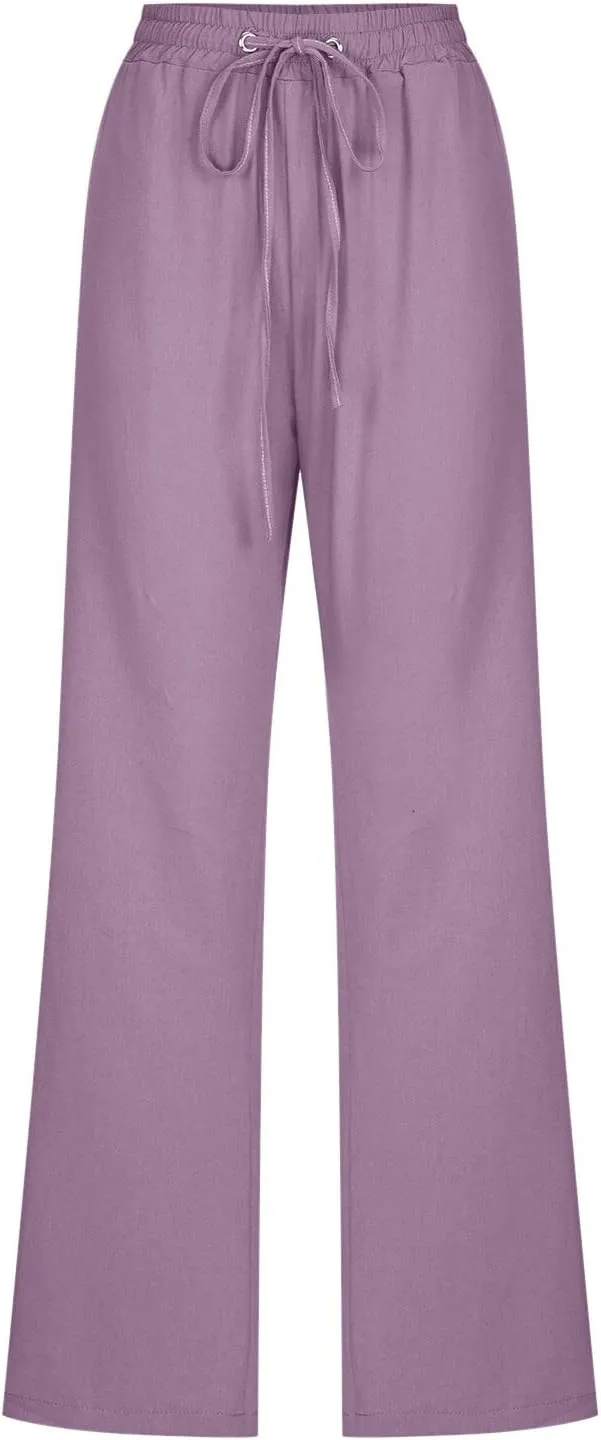 Linen Pants Women Summer,2025 Wide Leg Casual Cotton Linen Pants High Waisted Drawstring Lounge Pants Beach Trousers