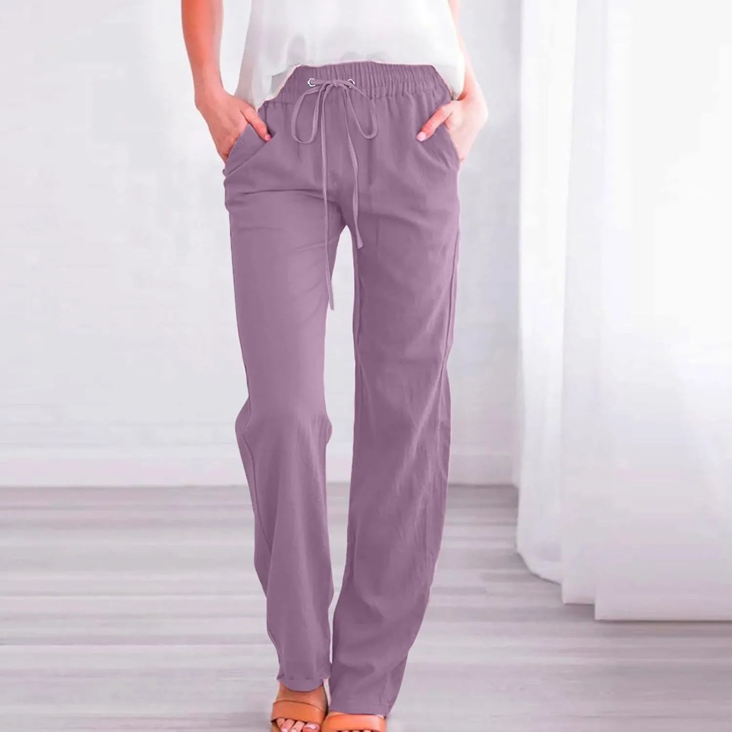 Linen Pants Women Summer,2025 Wide Leg Casual Cotton Linen Pants High Waisted Drawstring Lounge Pants Beach Trousers