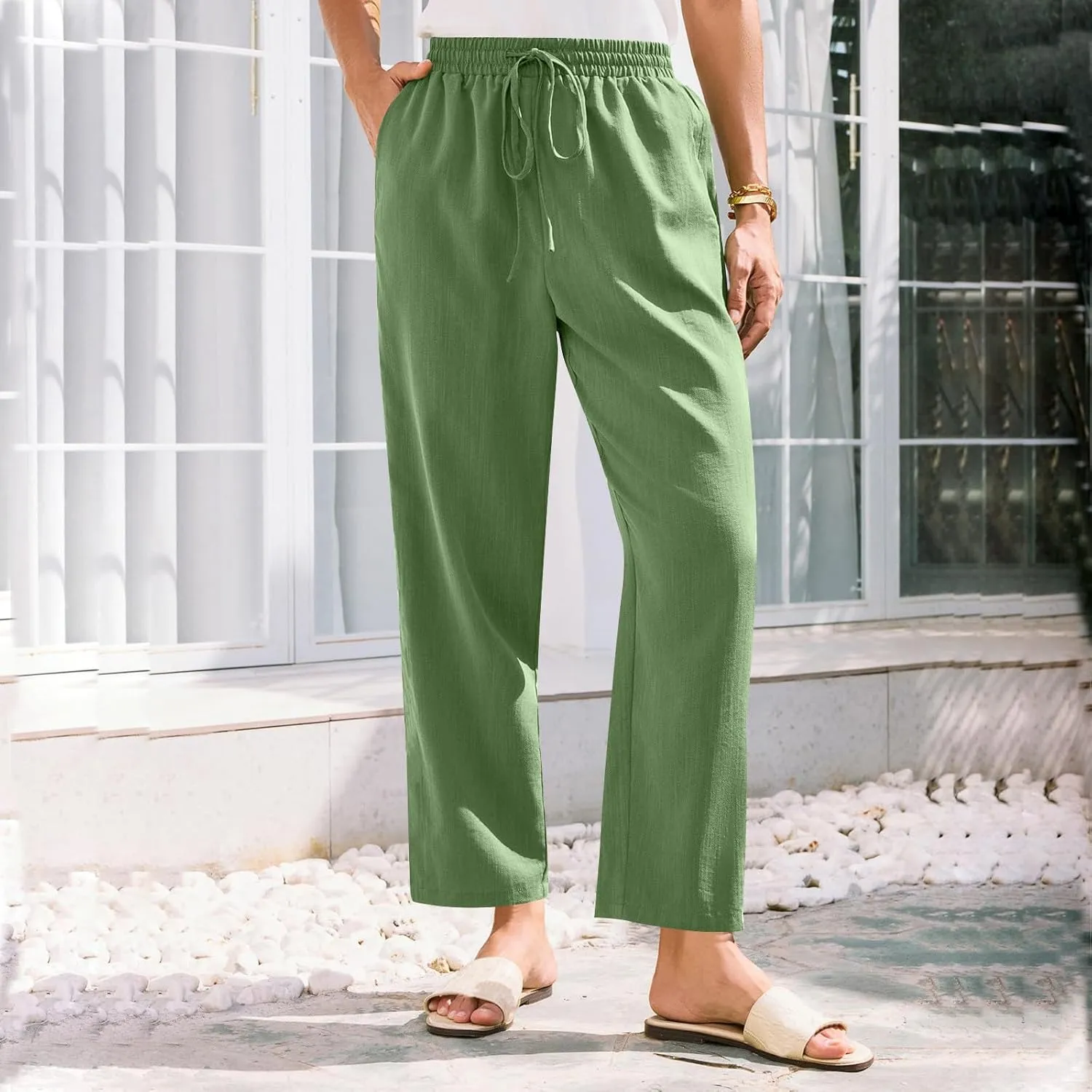 Linen Pants Women Trendy 2025 Casual Summer High Waisted Drawstring Lounge Trousers Straight Leg Pant with Pockets