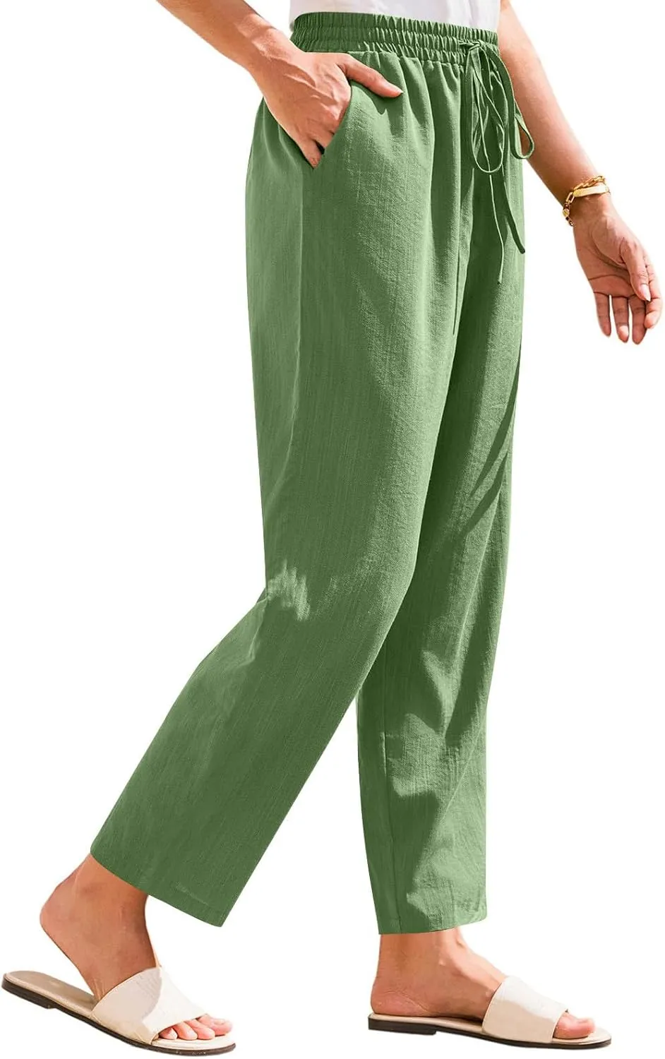Linen Pants Women Trendy 2025 Casual Summer High Waisted Drawstring Lounge Trousers Straight Leg Pant with Pockets
