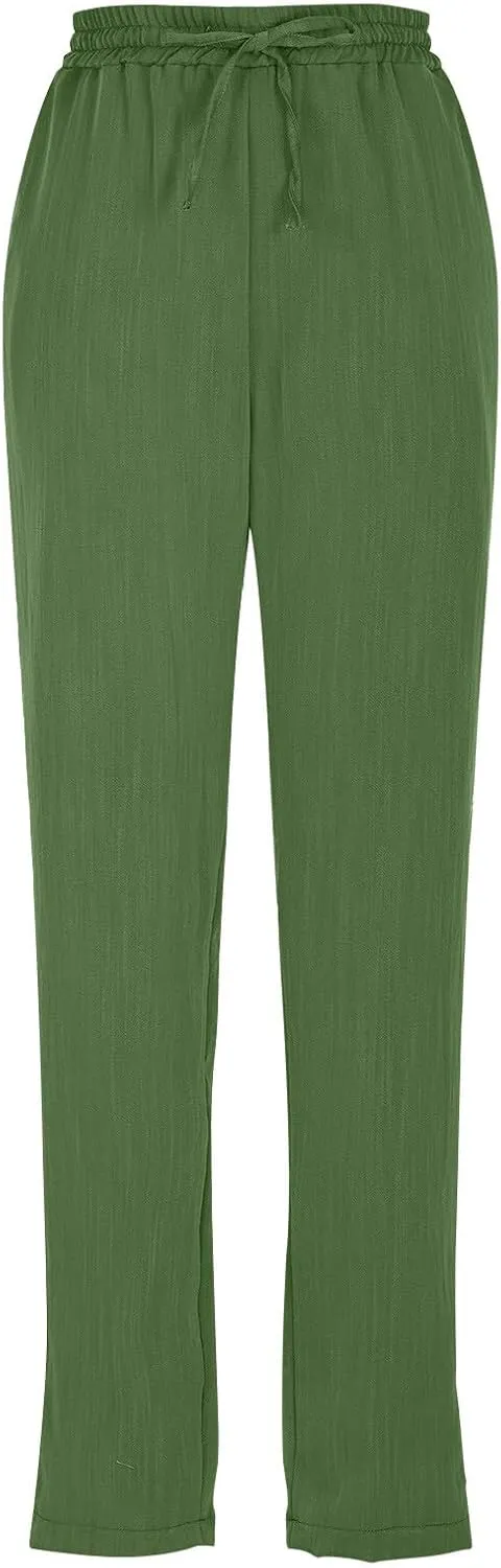 Linen Pants Women Trendy 2025 Casual Summer High Waisted Drawstring Lounge Trousers Straight Leg Pant with Pockets