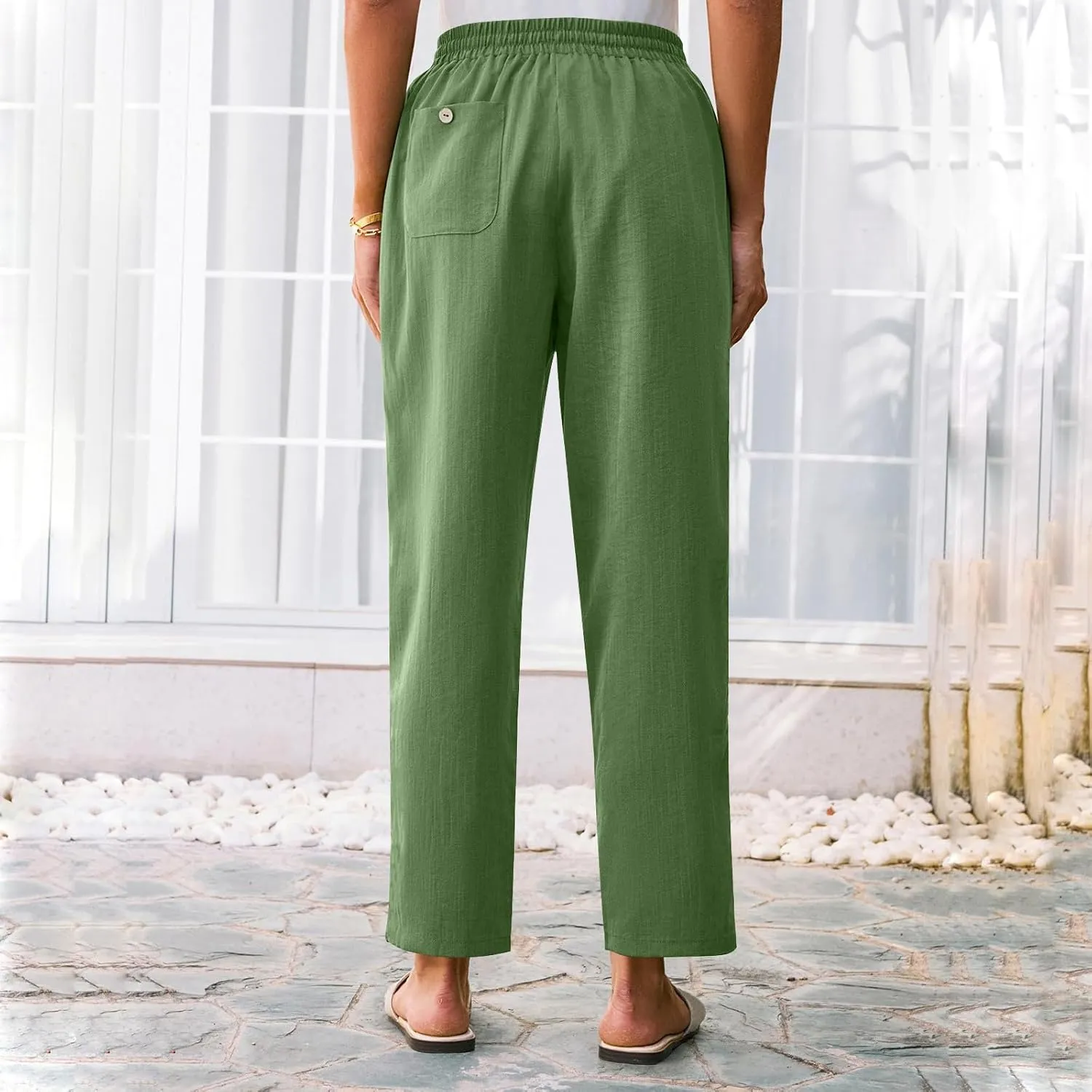 Linen Pants Women Trendy 2025 Casual Summer High Waisted Drawstring Lounge Trousers Straight Leg Pant with Pockets