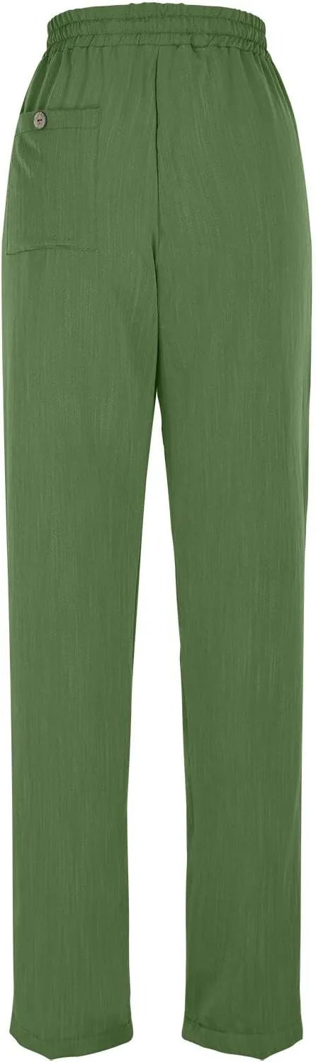 Linen Pants Women Trendy 2025 Casual Summer High Waisted Drawstring Lounge Trousers Straight Leg Pant with Pockets