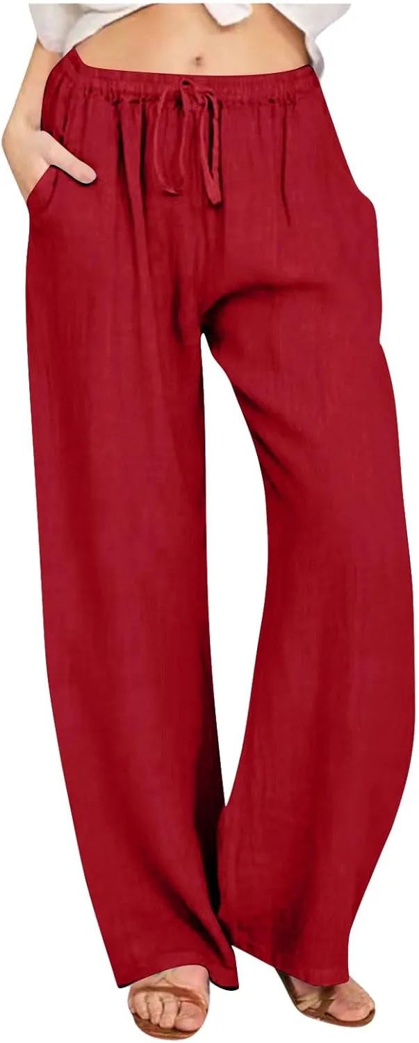 Linen Summer Pants Women 2024 Trendy Casual High Waist Drawstring Loose Fit Lightweight Long Palazzo Gauze Pants