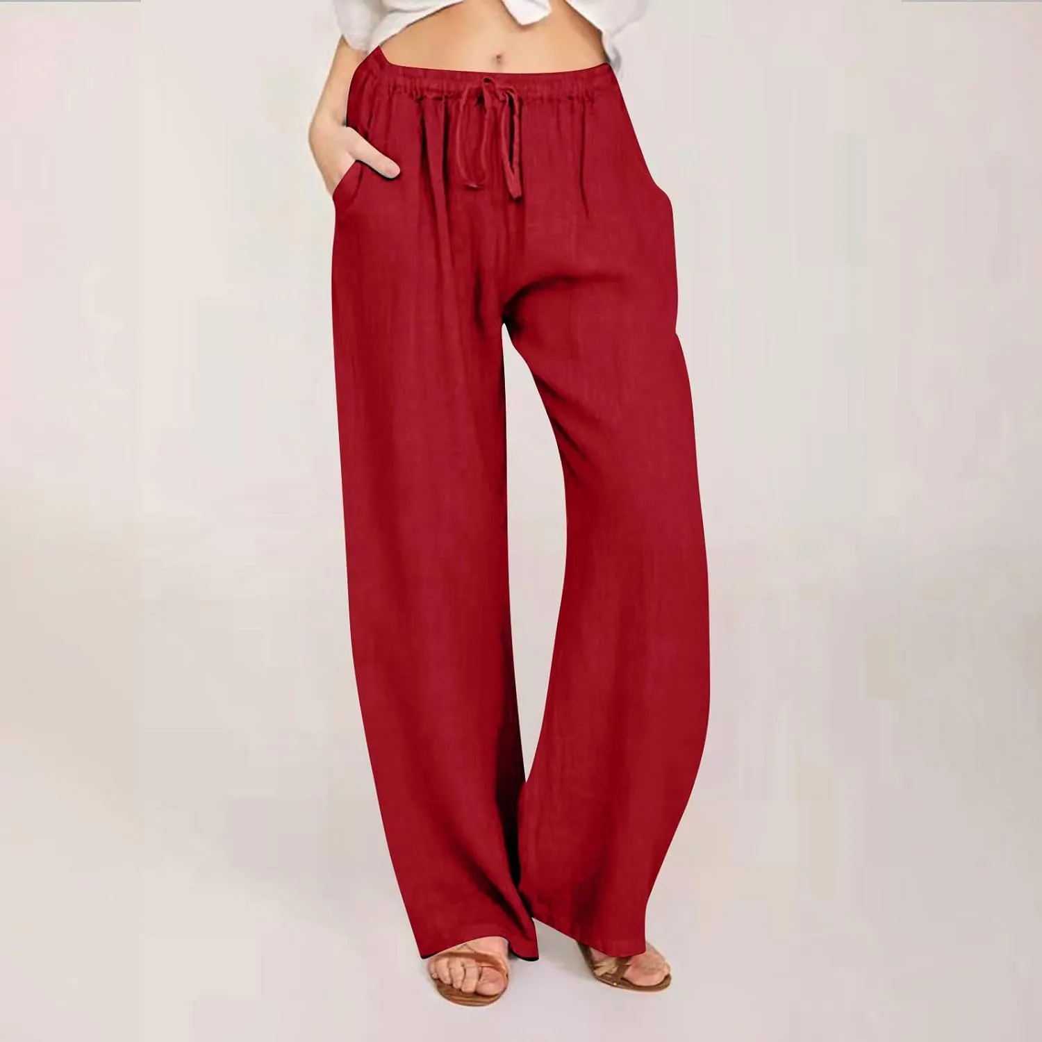 Linen Summer Pants Women 2024 Trendy Casual High Waist Drawstring Loose Fit Lightweight Long Palazzo Gauze Pants