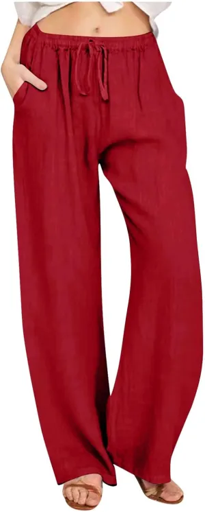 Linen Summer Pants Women 2024 Trendy Casual High Waist Drawstring Loose Fit Lightweight Long Palazzo Gauze Pants