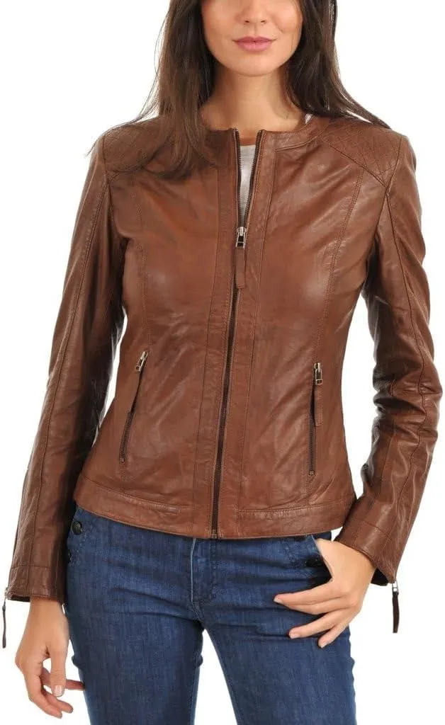 LL LEATHER LOVERS Women's Lambskin Leather Bomber Biker Jacket