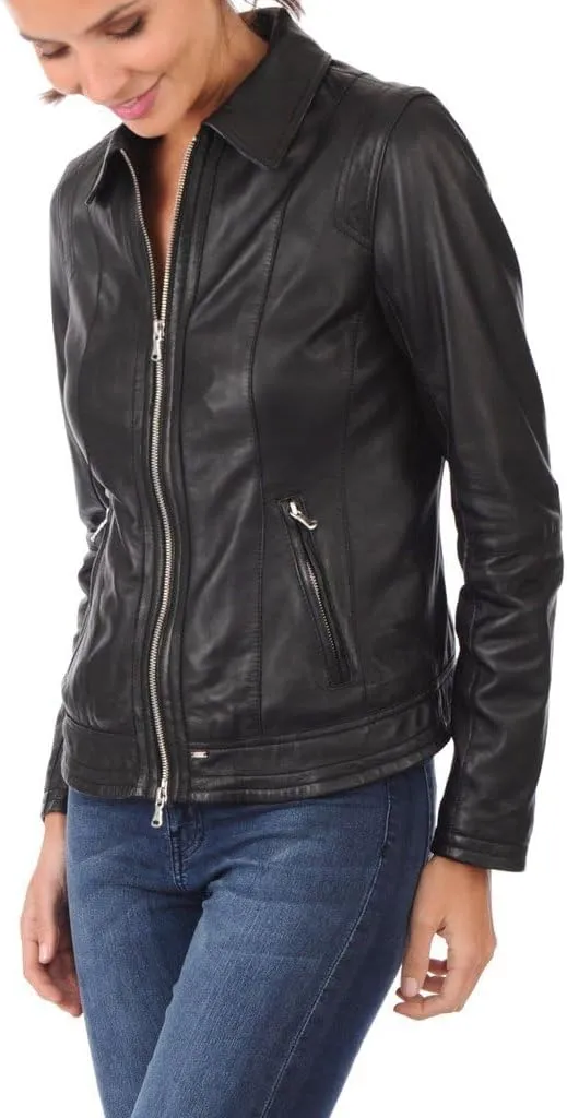 LL LEATHER LOVERS Women's Lambskin Leather Bomber Biker Jacket