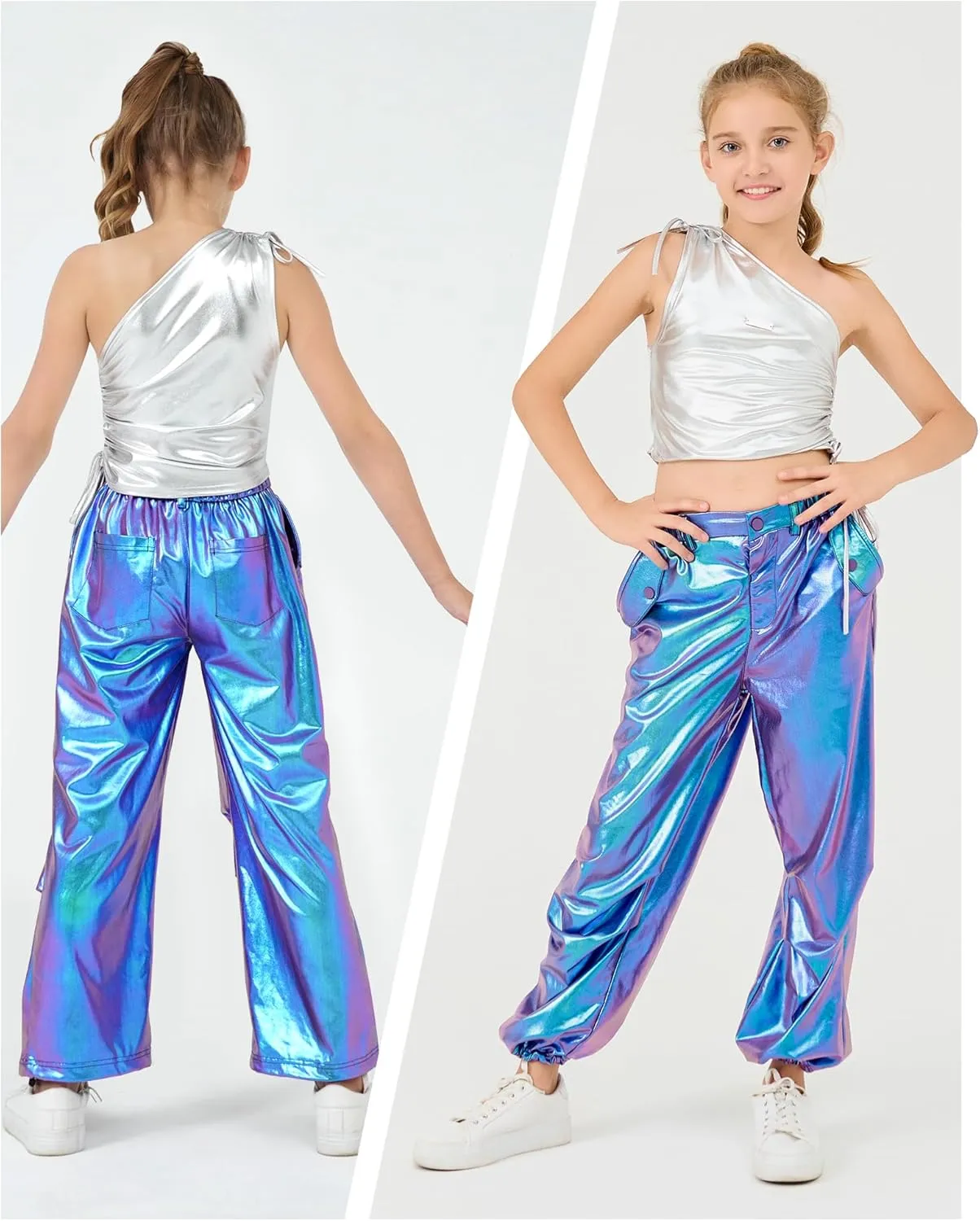 LOLANTA Girls Metallic Jogger Pants, Shiny Jazz Street Hip Hop Dance Pants 7-16, Convertible Leg Opening