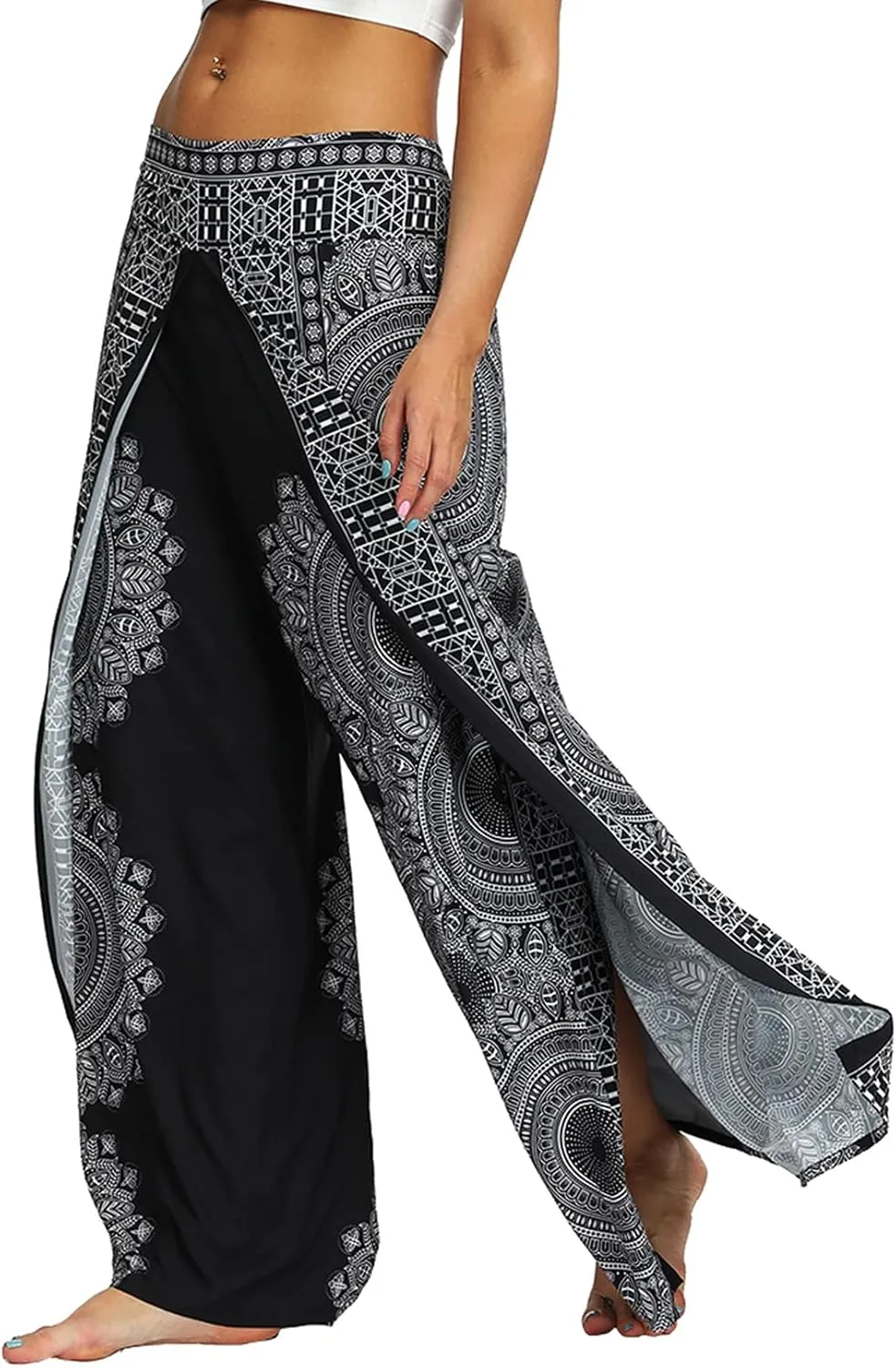 Lu's Chic Women's Boho Pants Wide Leg Gaucho Harem Yoga Flowy Bohemian Indian Side Split Palazzo