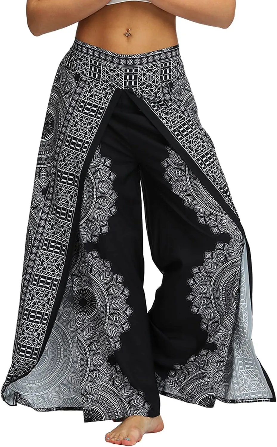 Lu's Chic Women's Boho Pants Wide Leg Gaucho Harem Yoga Flowy Bohemian Indian Side Split Palazzo