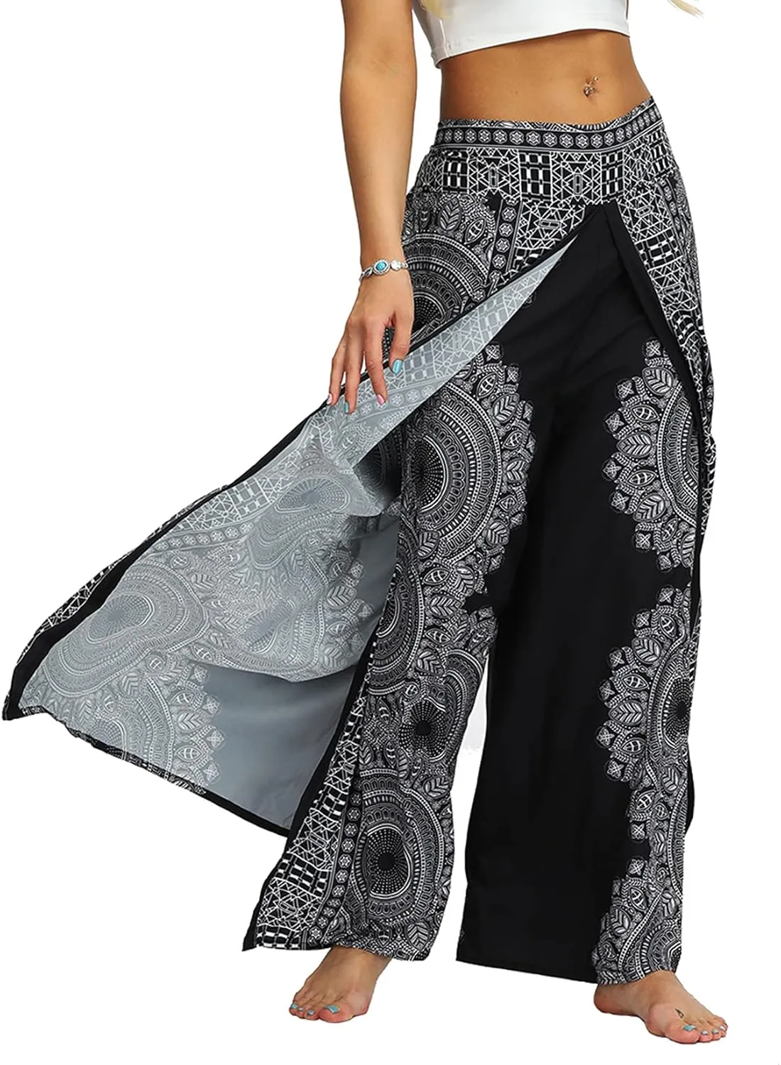 Lu's Chic Women's Boho Pants Wide Leg Gaucho Harem Yoga Flowy Bohemian Indian Side Split Palazzo