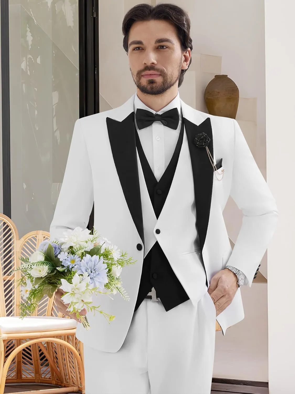 MAGE MALE Men's 3 Piece Tuxedo Suits Slim Fit One Button Formal Wedding Party Tux Blazer Vest Pants Set