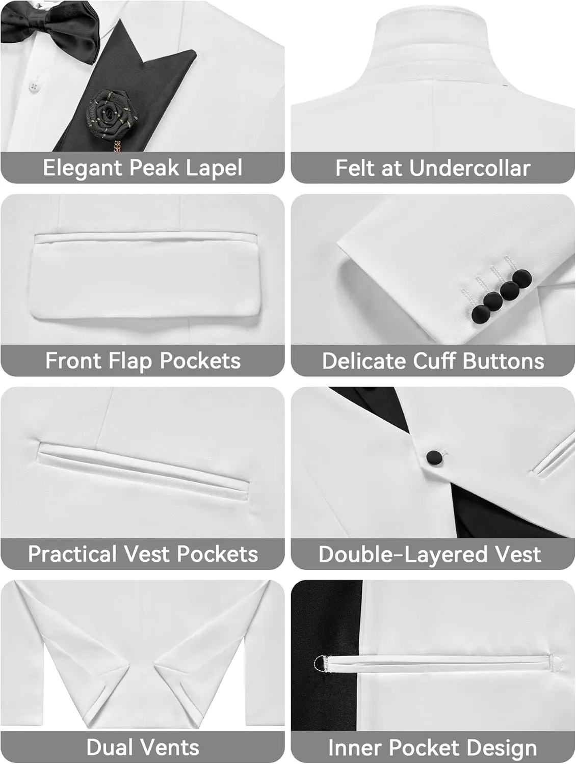 MAGE MALE Men's 3 Piece Tuxedo Suits Slim Fit One Button Formal Wedding Party Tux Blazer Vest Pants Set