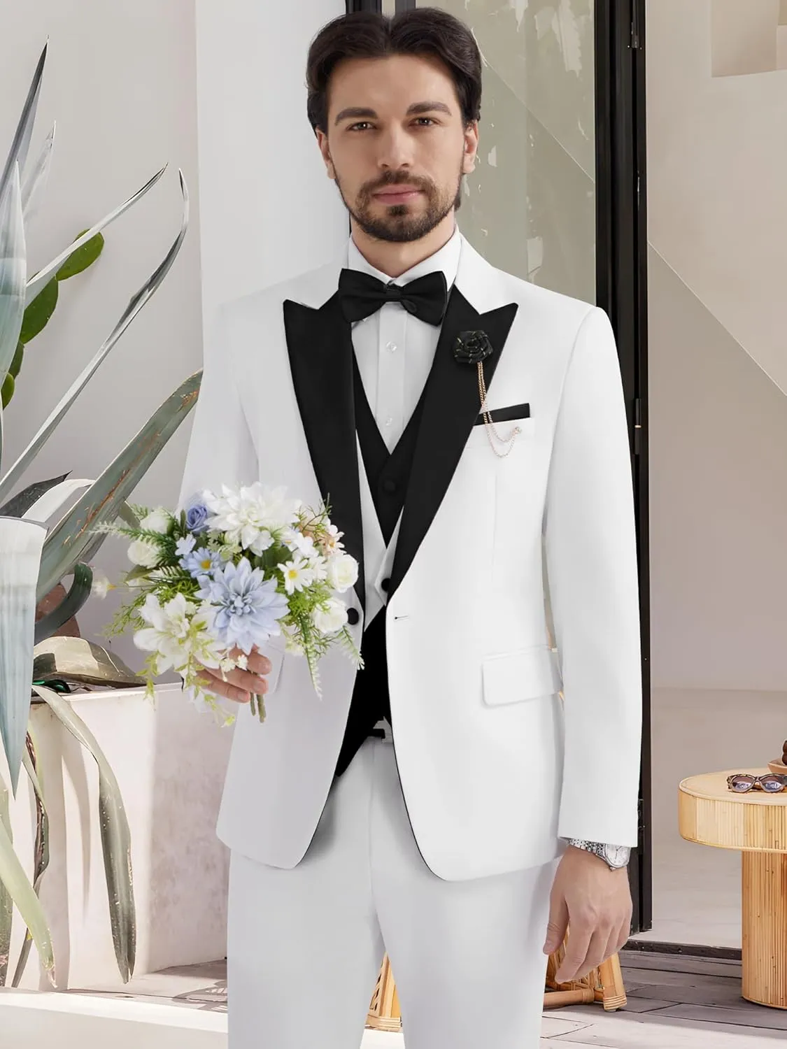 MAGE MALE Men's 3 Piece Tuxedo Suits Slim Fit One Button Formal Wedding Party Tux Blazer Vest Pants Set