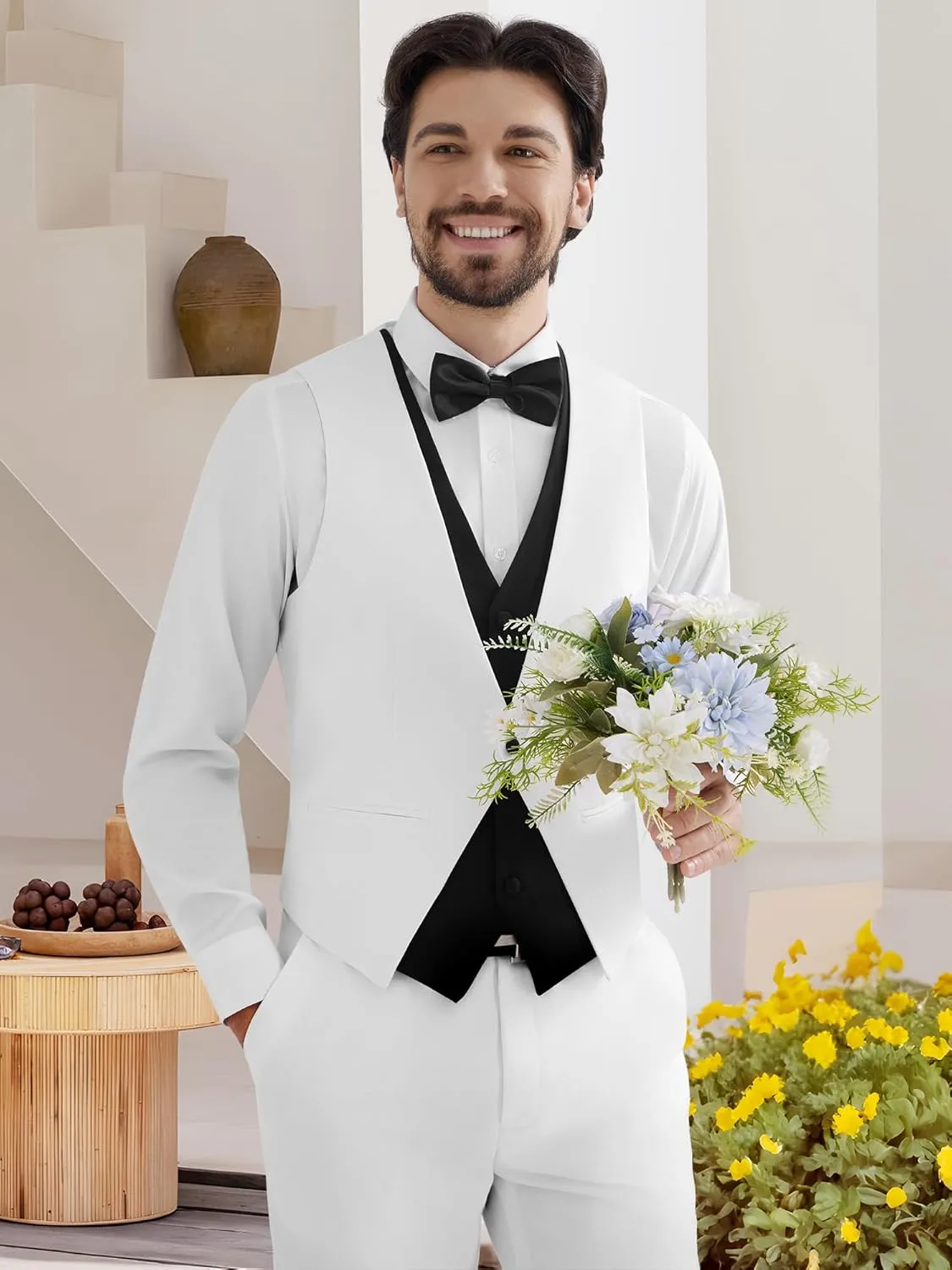 MAGE MALE Men's 3 Piece Tuxedo Suits Slim Fit One Button Formal Wedding Party Tux Blazer Vest Pants Set