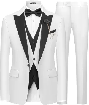 MAGE MALE Men's 3 Piece Tuxedo Suits Slim Fit One Button Formal Wedding Party Tux Blazer Vest Pants Set