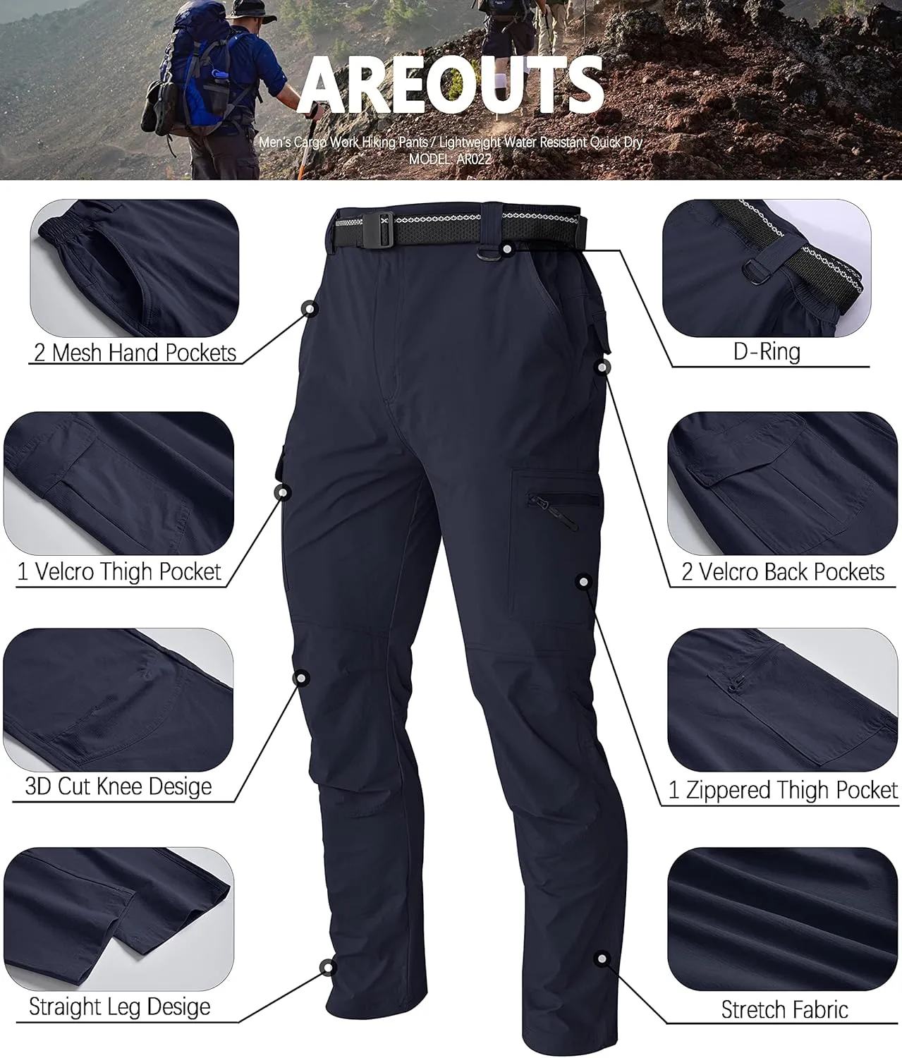 Men's Cargo Work Hiking Pants Lightweight Water Resistant Quick Dry Fishing Travel Camping Outdoor Breathable Multi Pockets