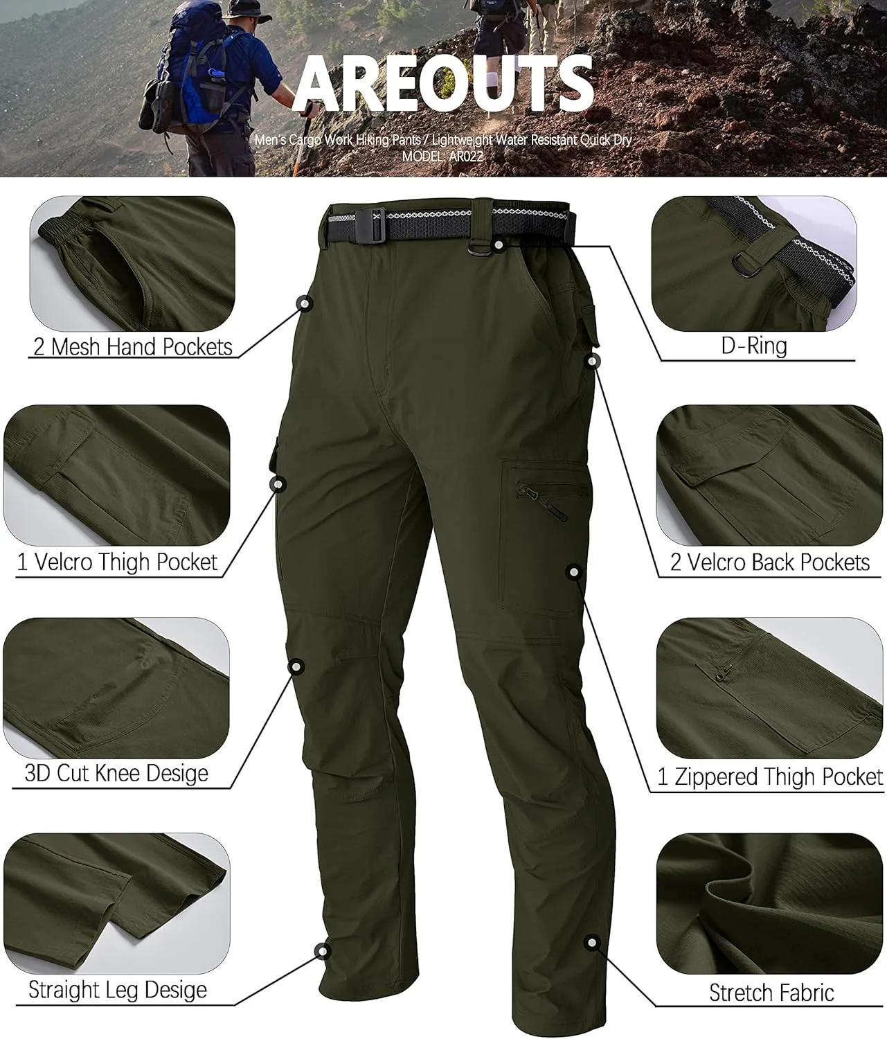 Men's Cargo Work Hiking Pants Lightweight Water Resistant Quick Dry Fishing Travel Camping Outdoor Breathable Multi Pockets