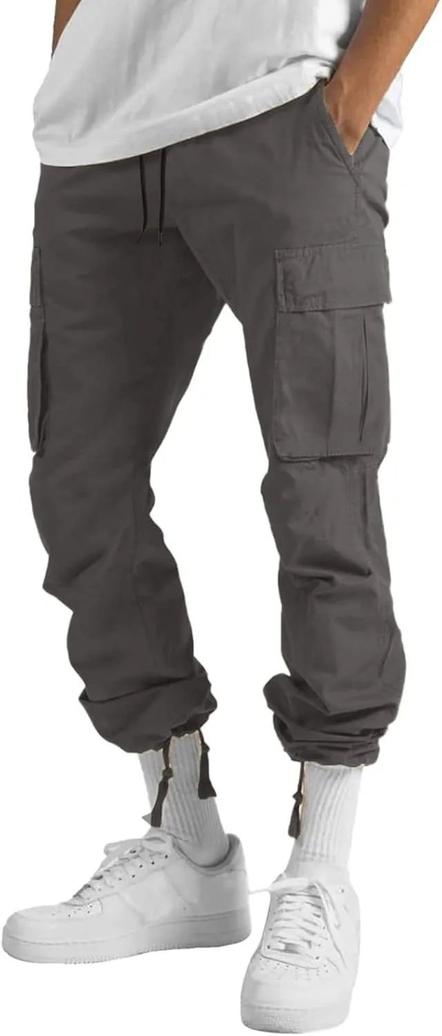 Mens Casual Jogger Pants, Relaxed Fit Cargo Pants, Solid Drawstring Sweatpants, Hiking Outdoor Twill Sport Pants