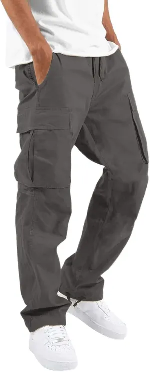 Mens Casual Jogger Pants, Relaxed Fit Cargo Pants, Solid Drawstring Sweatpants, Hiking Outdoor Twill Sport Pants