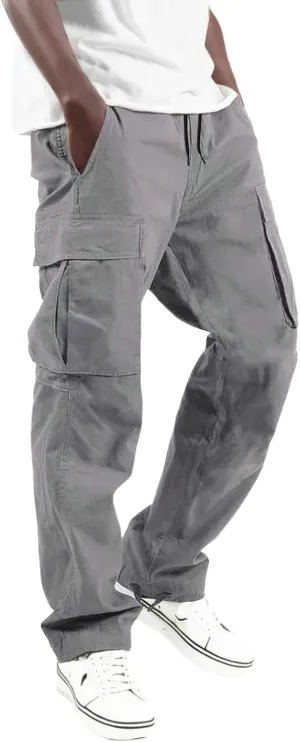 Mens Casual Jogger Pants, Relaxed Fit Cargo Pants, Solid Drawstring Sweatpants, Hiking Outdoor Twill Sport Pants