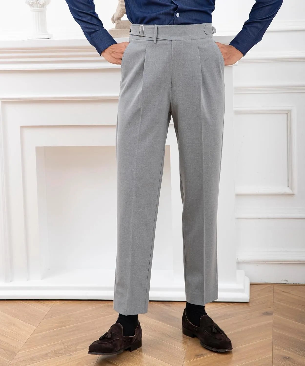 Men's Classic Gurkha Naples Italian Old Money Style No Belt Required Dress Pants