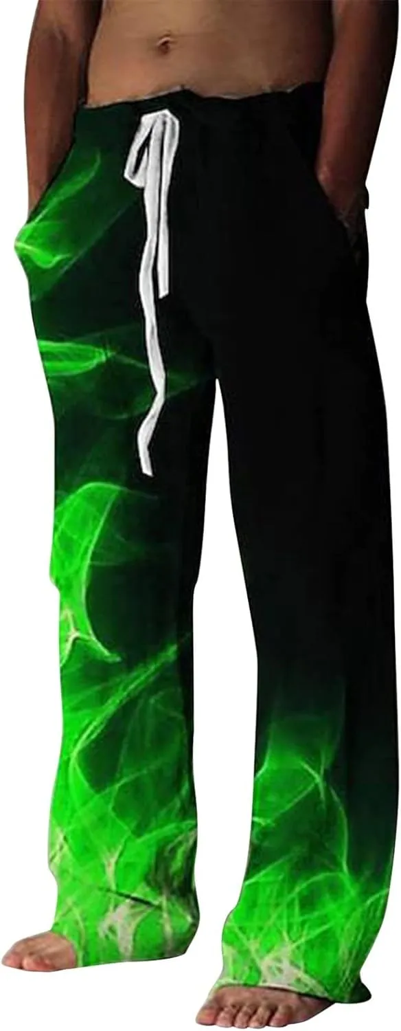 Mens Fashion Casual Printing Linen Pocket Lace Up Pants Joggers Relaxed Fit Stretch Sweatpants Athletic Pants