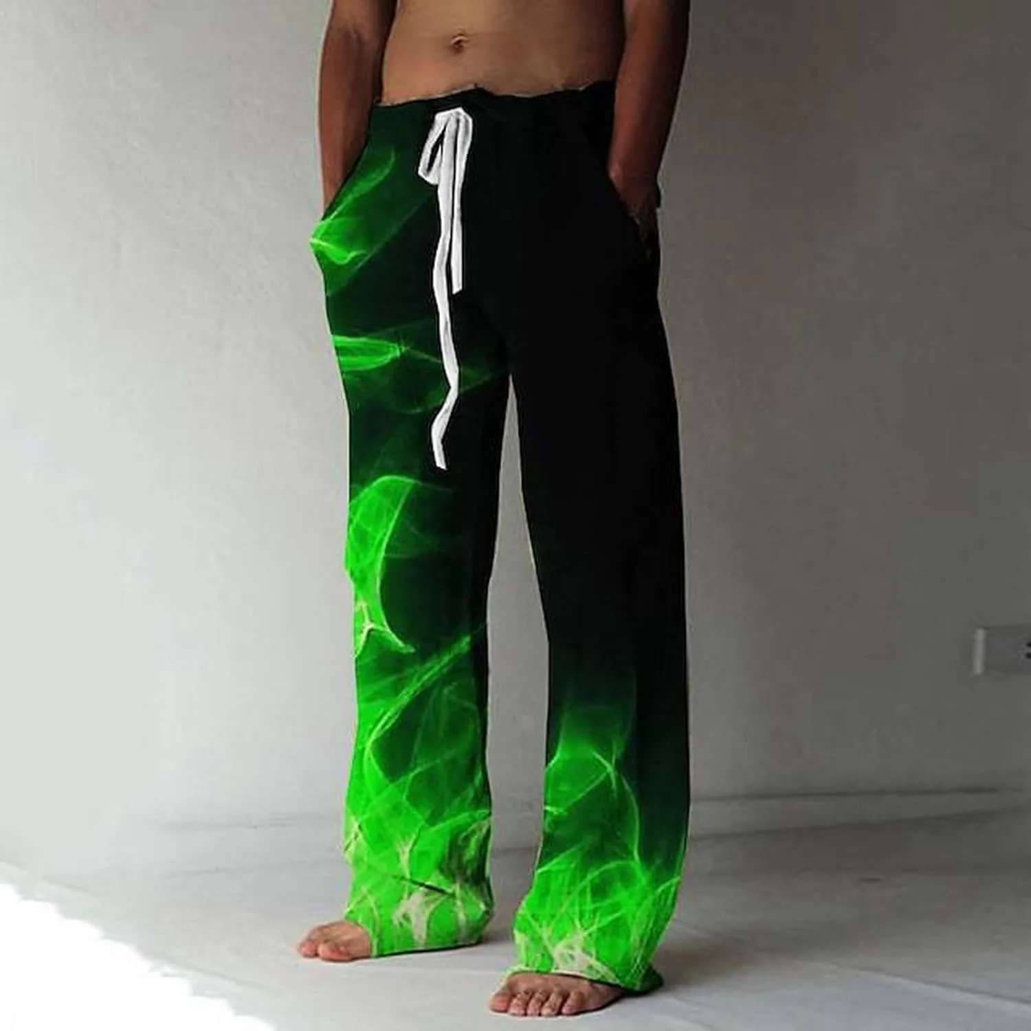 Mens Fashion Casual Printing Linen Pocket Lace Up Pants Joggers Relaxed Fit Stretch Sweatpants Athletic Pants