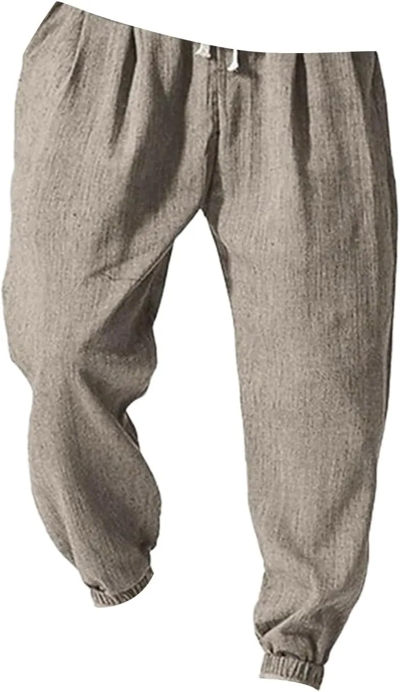Mens Linen Tapered Pants Plus Size Lightweight Drawstring Waist Vacation Harem Trousers Summer Trendy Loose Slacks