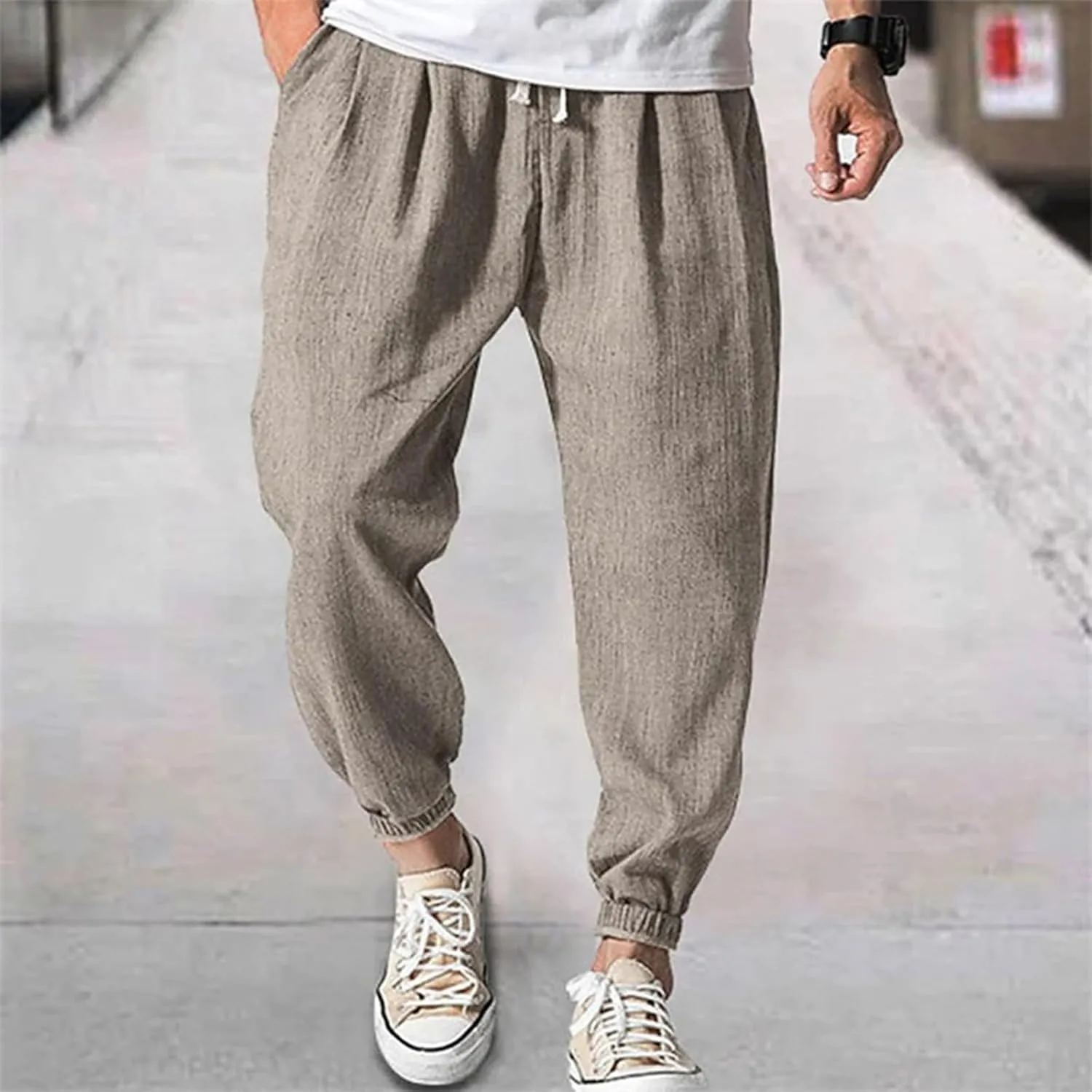 Mens Linen Tapered Pants Plus Size Lightweight Drawstring Waist Vacation Harem Trousers Summer Trendy Loose Slacks