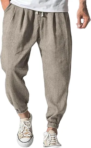Mens Linen Tapered Pants Plus Size Lightweight Drawstring Waist Vacation Harem Trousers Summer Trendy Loose Slacks