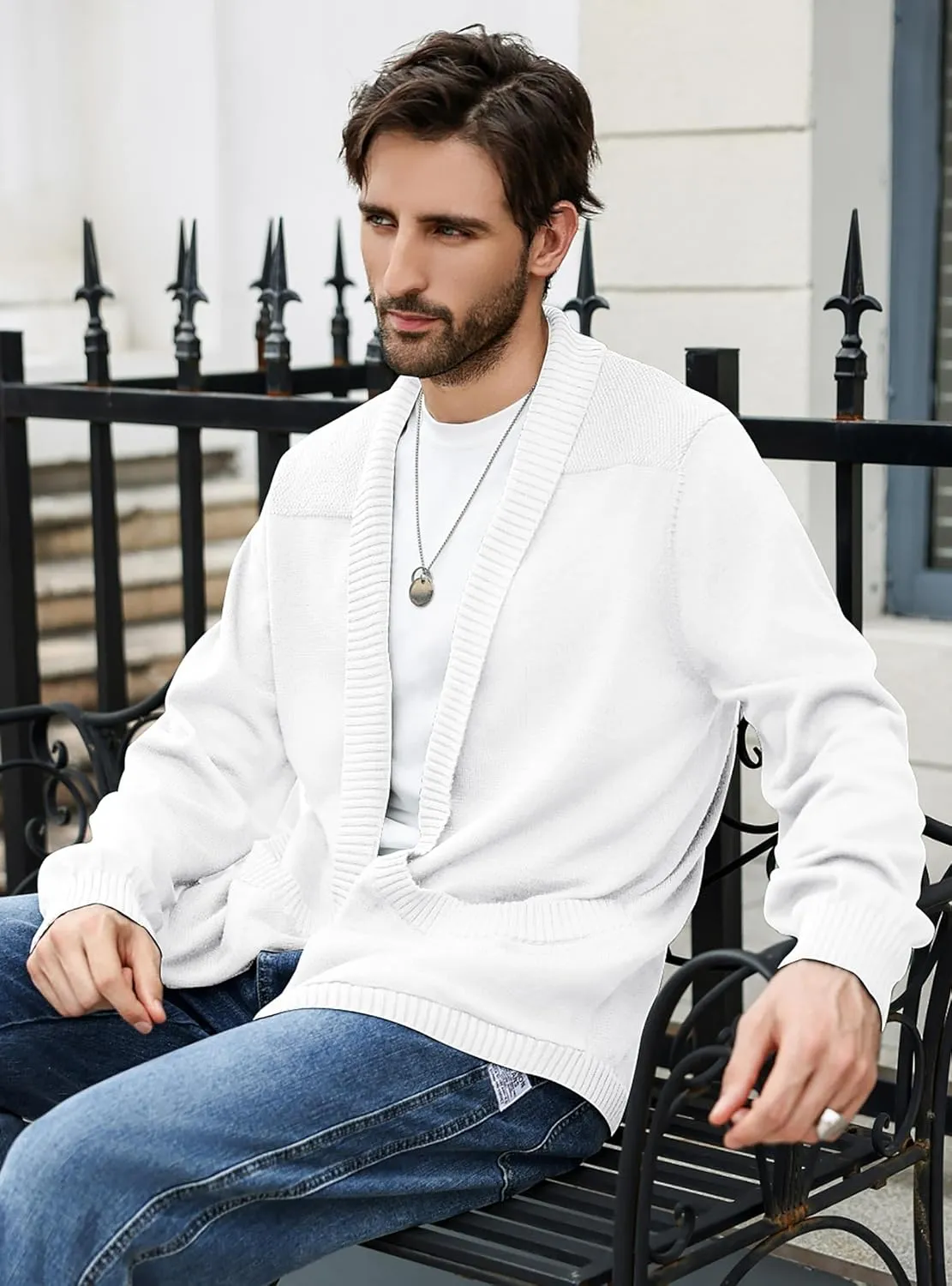 Men's Shawl Collar Long Sleeve Cardigan Knit Open Front with Pockets