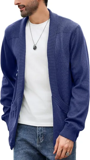 Men's Shawl Collar Long Sleeve Cardigan Knit Open Front with Pockets