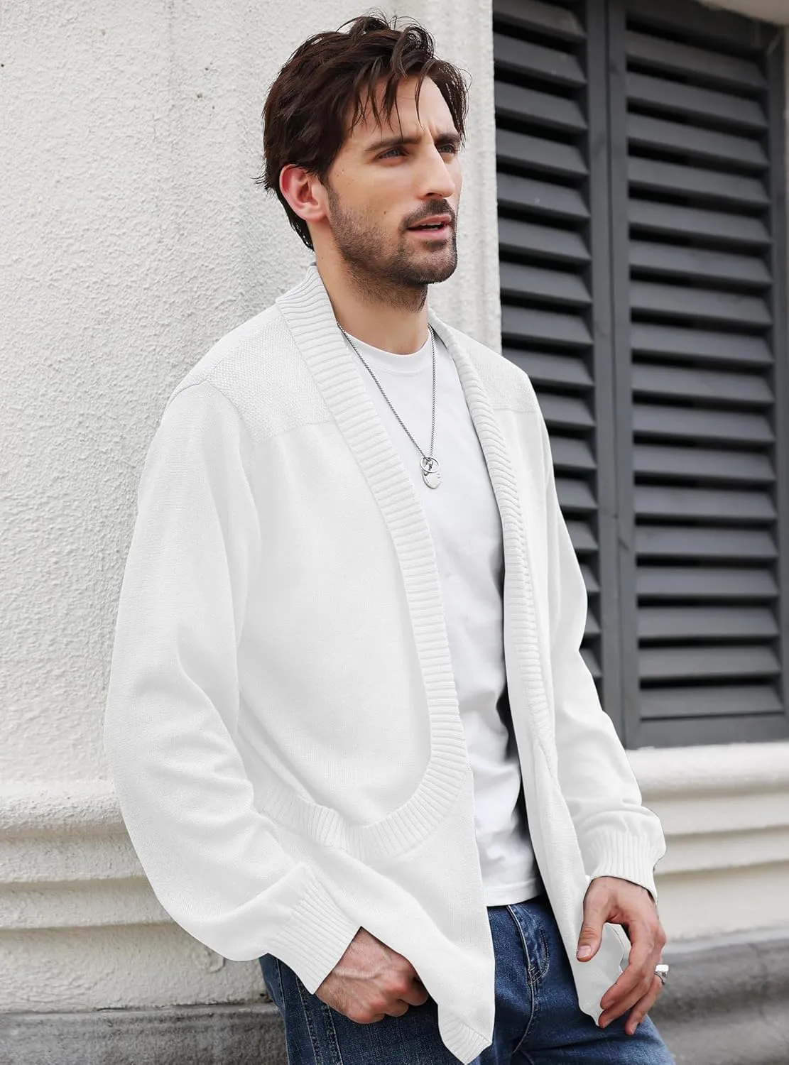 Men's Shawl Collar Long Sleeve Cardigan Knit Open Front with Pockets