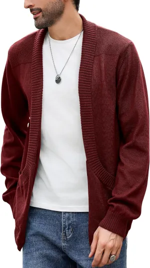 Men's Shawl Collar Long Sleeve Cardigan Knit Open Front with Pockets