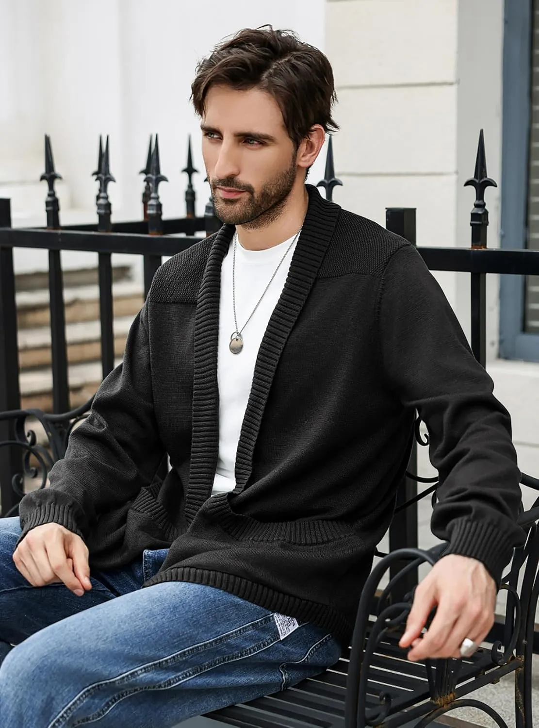 Men's Shawl Collar Long Sleeve Cardigan Knit Open Front with Pockets
