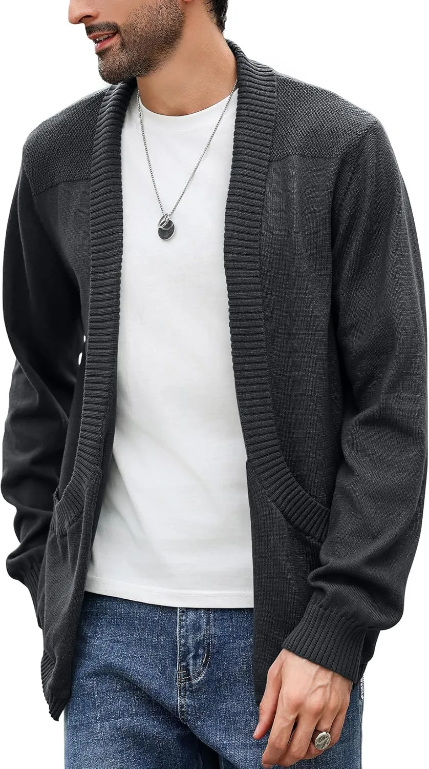 Men's Shawl Collar Long Sleeve Cardigan Knit Open Front with Pockets