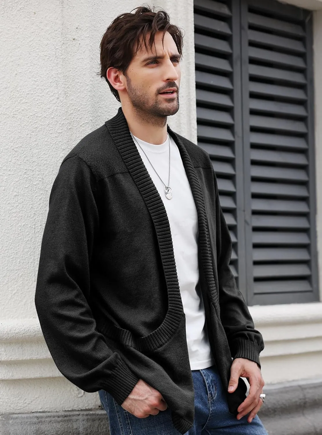 Men's Shawl Collar Long Sleeve Cardigan Knit Open Front with Pockets