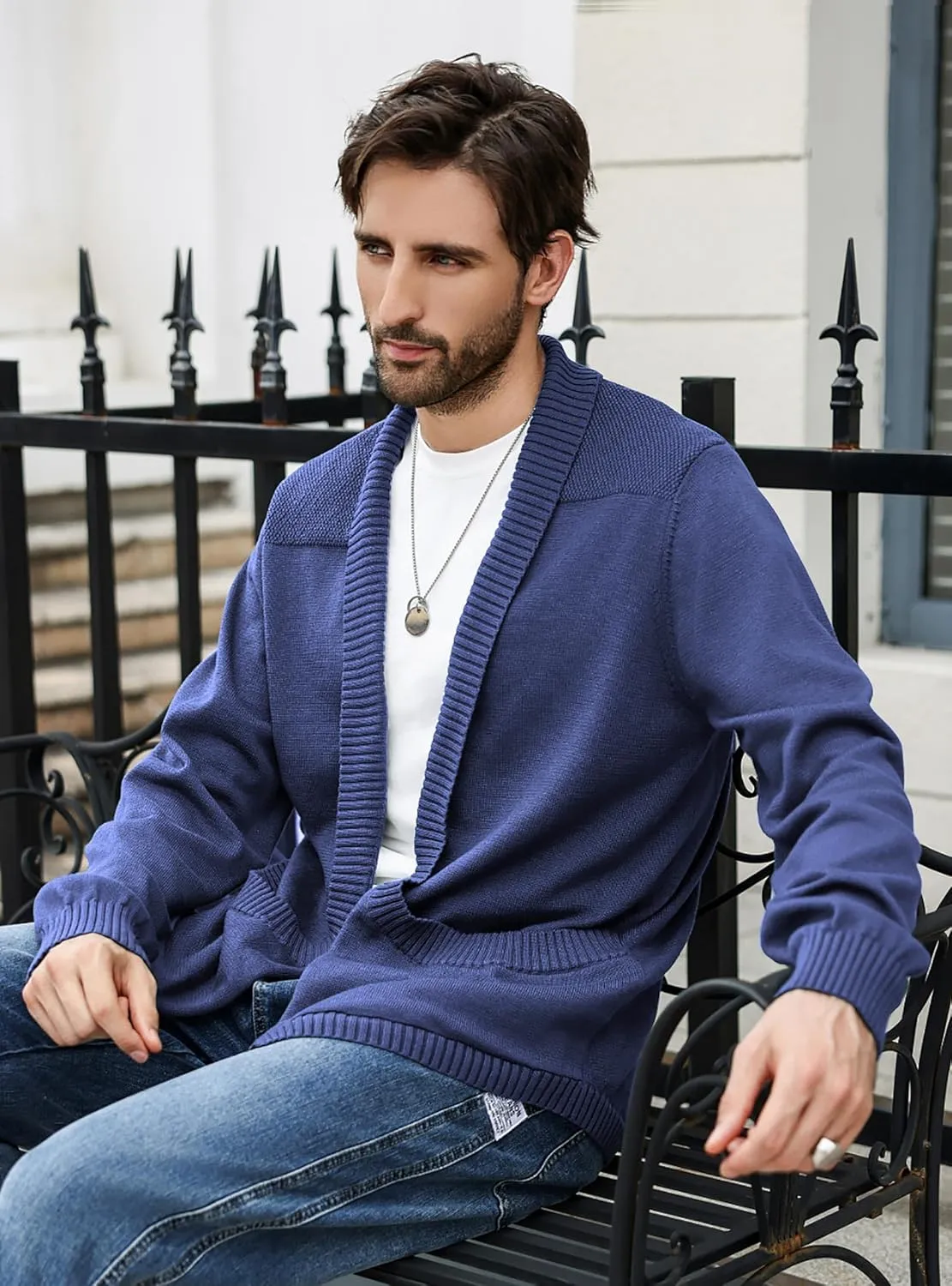 Men's Shawl Collar Long Sleeve Cardigan Knit Open Front with Pockets