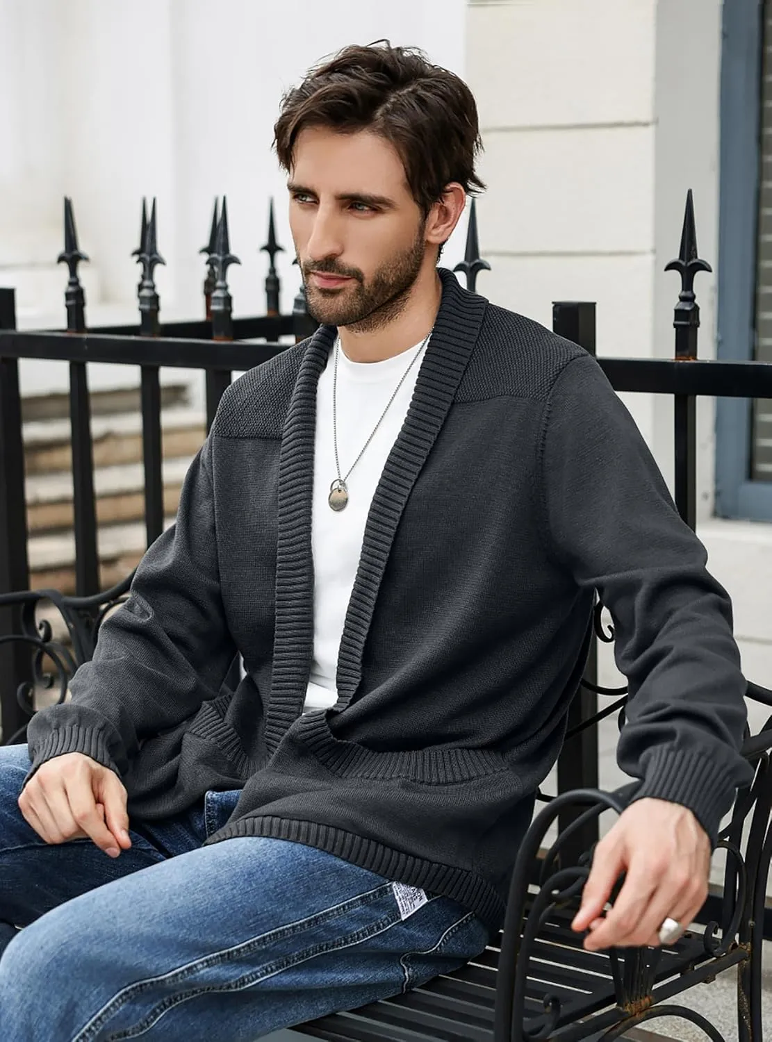 Men's Shawl Collar Long Sleeve Cardigan Knit Open Front with Pockets