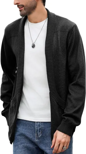 Men's Shawl Collar Long Sleeve Cardigan Knit Open Front with Pockets