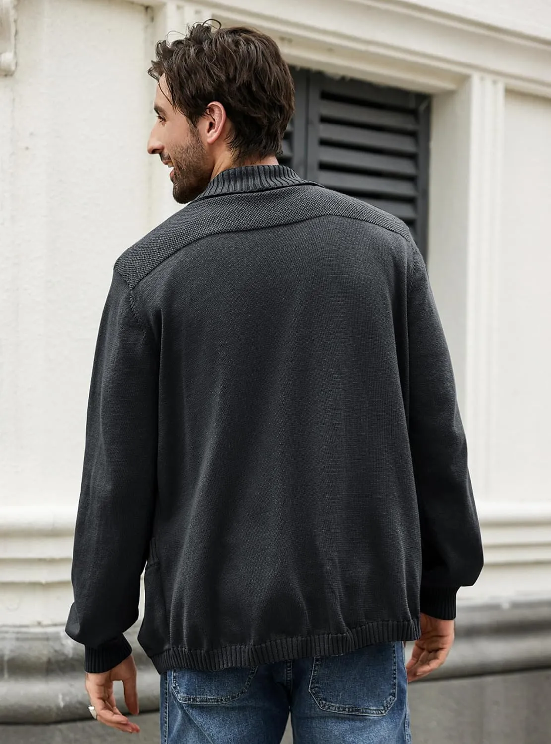 Men's Shawl Collar Long Sleeve Cardigan Knit Open Front with Pockets