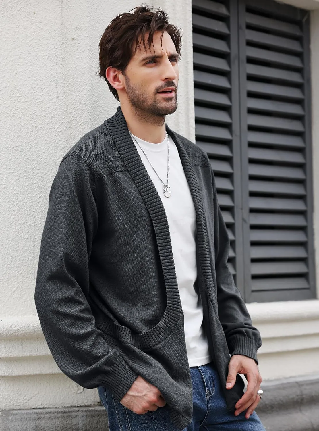 Men's Shawl Collar Long Sleeve Cardigan Knit Open Front with Pockets