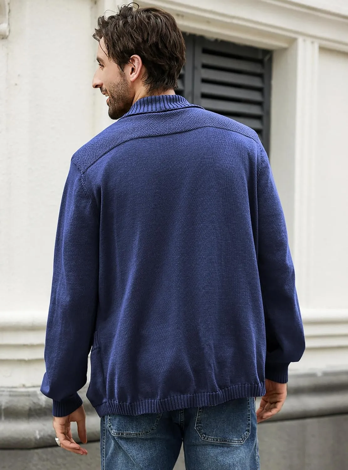 Men's Shawl Collar Long Sleeve Cardigan Knit Open Front with Pockets