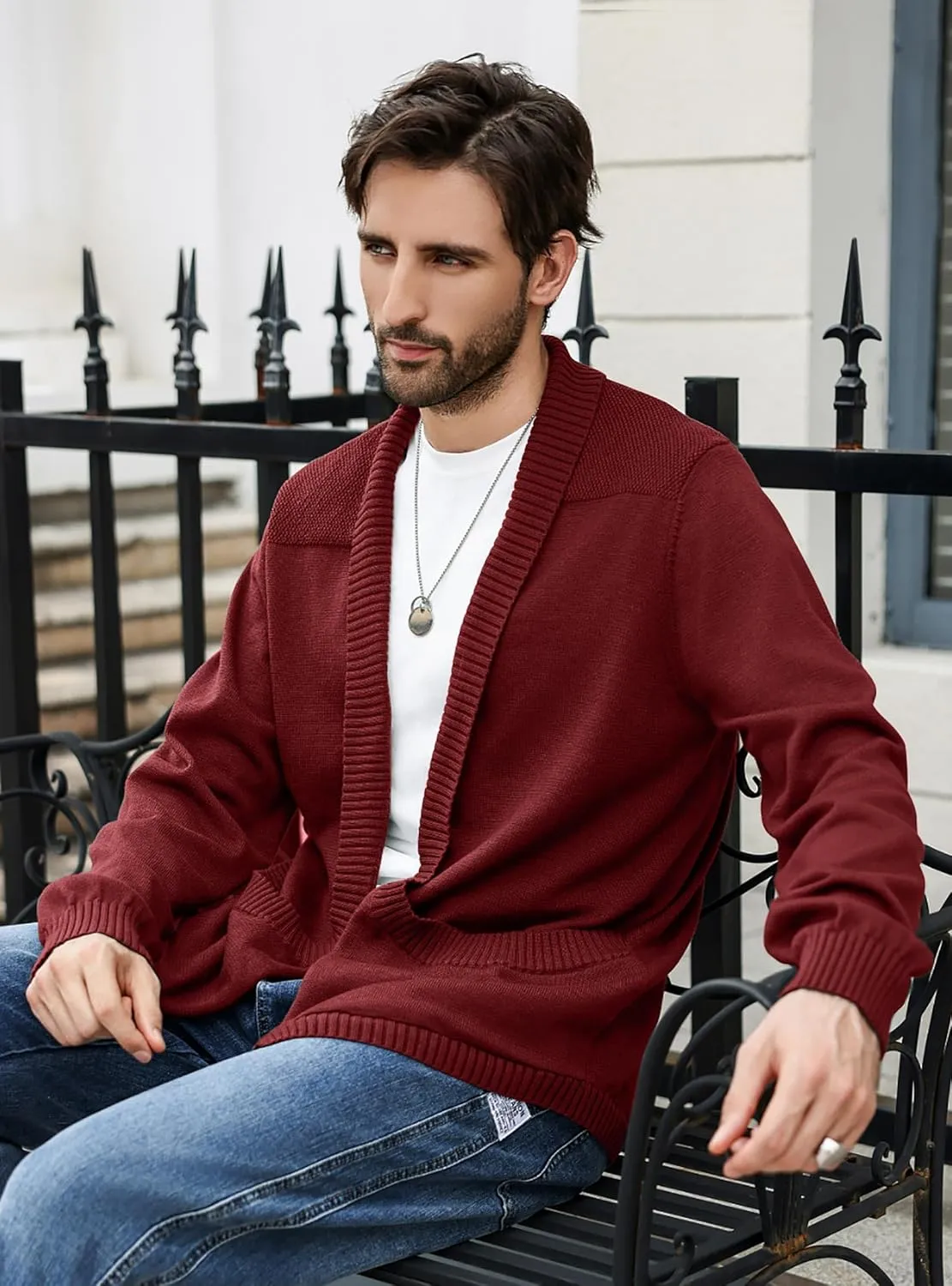 Men's Shawl Collar Long Sleeve Cardigan Knit Open Front with Pockets